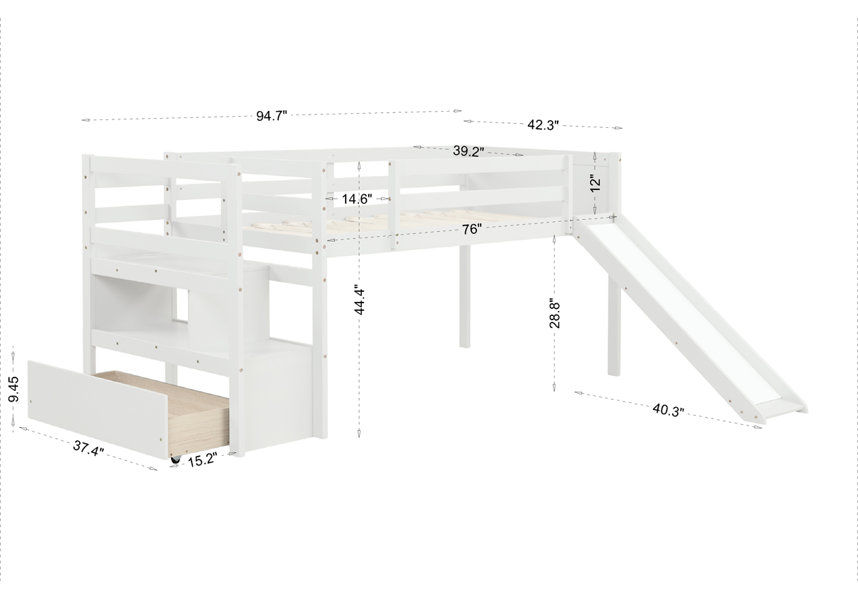 Twin Low Loft Bed with Stairs and Slide