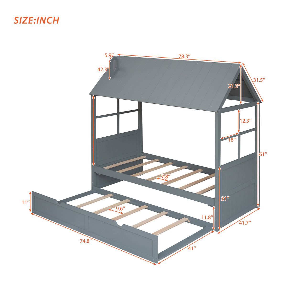 Twin Size Wood House Bed With Twin Size Trundle, Wooden Daybed, Gray