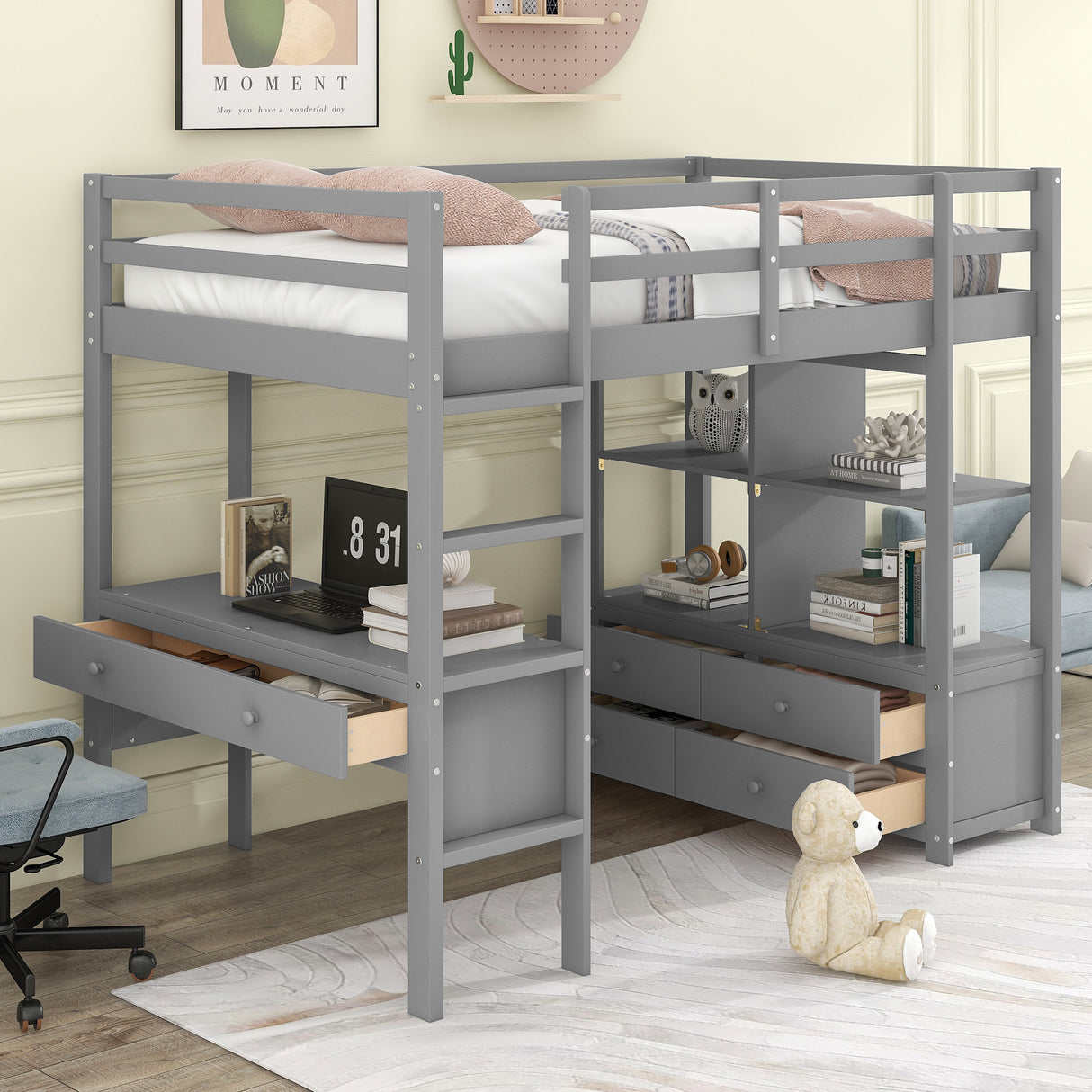 Twin  Size Loft Bed with Built-in Desk with Two Drawers, and Storage Shelves and Drawers,Gray - Home Elegance USA