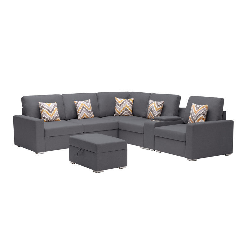 Nolan Gray Linen Fabric 7Pc Reversible Sectional Sofa with Interchangeable Legs, Pillows, Storage Ottoman, and a USB, Charging Ports, Cupholders, Storage Console Table - Home Elegance USA