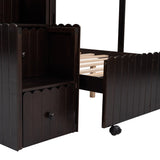 Stairway Twin Over Full Bunk Bed, House Bed with Two Shelves and Seven Drawers,Espresso - Home Elegance USA