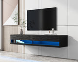 180 Wall Mounted Floating 80" relief TV Stand with 20 Color LEDs Black Home Elegance USA