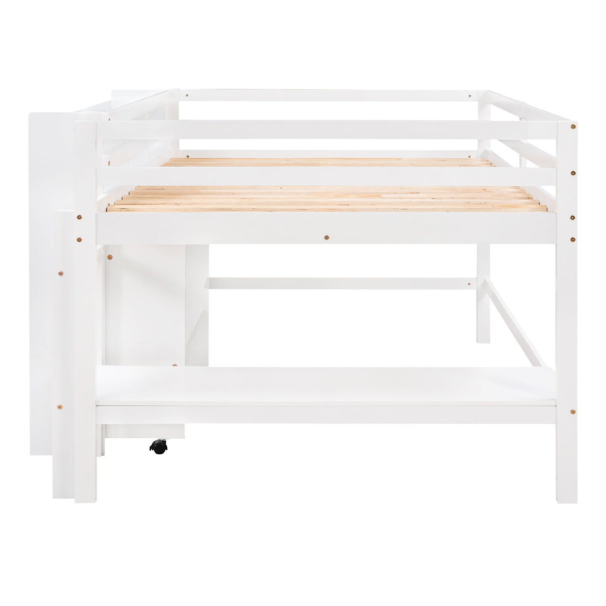 Full Size Low Loft Bed with Rolling Portable Desk, Drawers and Shelves,  White - Home Elegance USA