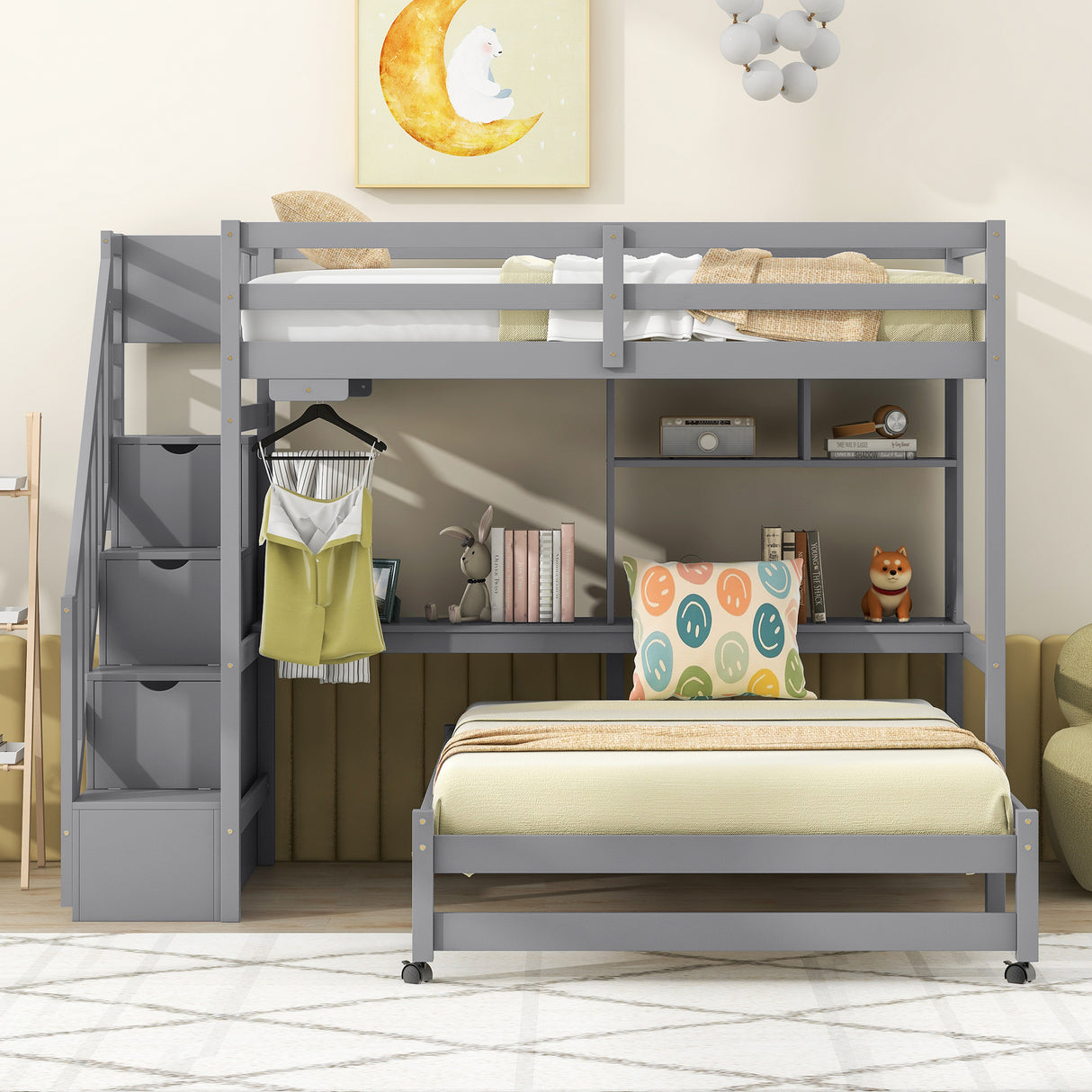 Twin over Full Bunk Bed with Storage Staircase, Desk, Shelves and Hanger for Clothes, Gray - Home Elegance USA