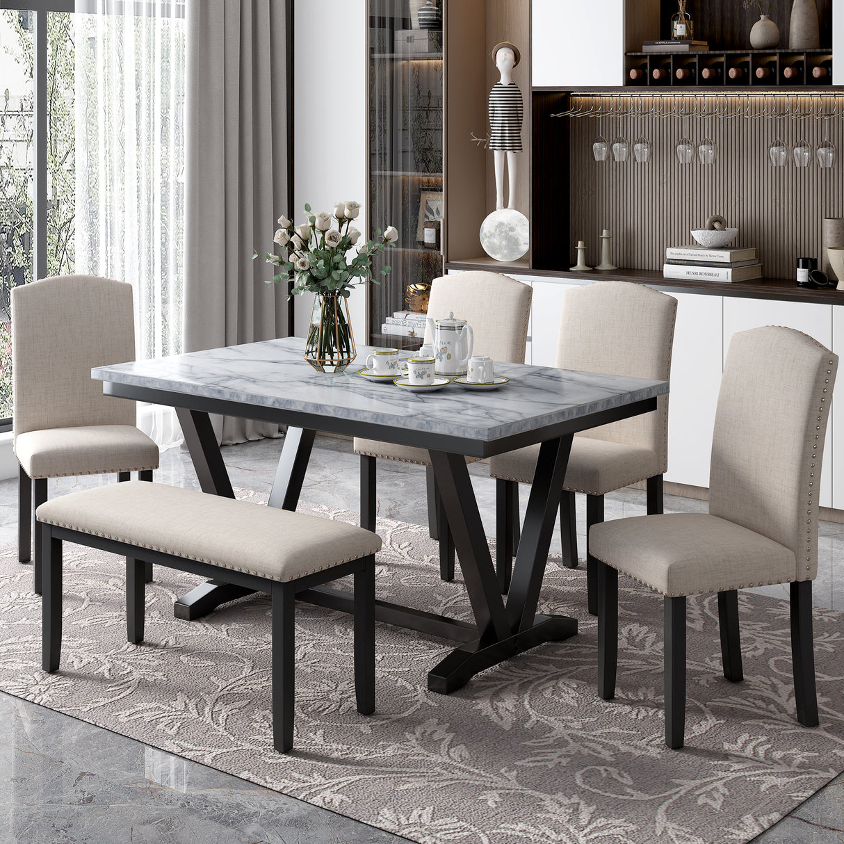 TREXM Modern Style 6-piece Dining Table with 4 Chairs & 1 Bench, Table with Marbled Veneers Tabletop and V-shaped Table Legs (White) - Home Elegance USA