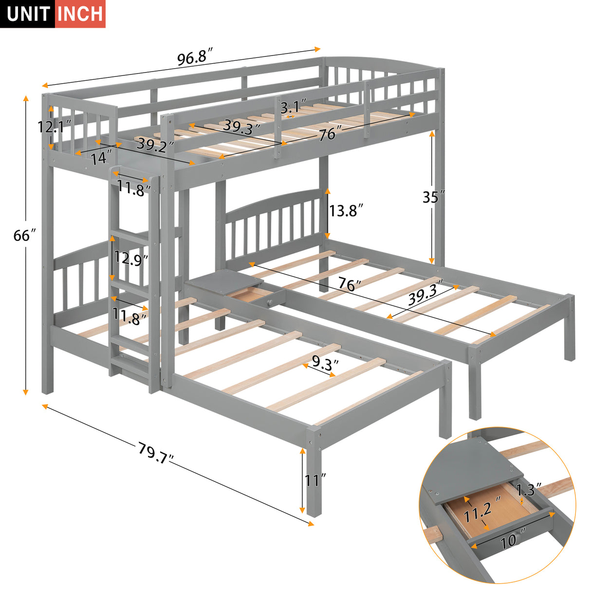 Twin over Twin & Twin Bunk Bed with Built-in Middle Drawer, Gray - Home Elegance USA