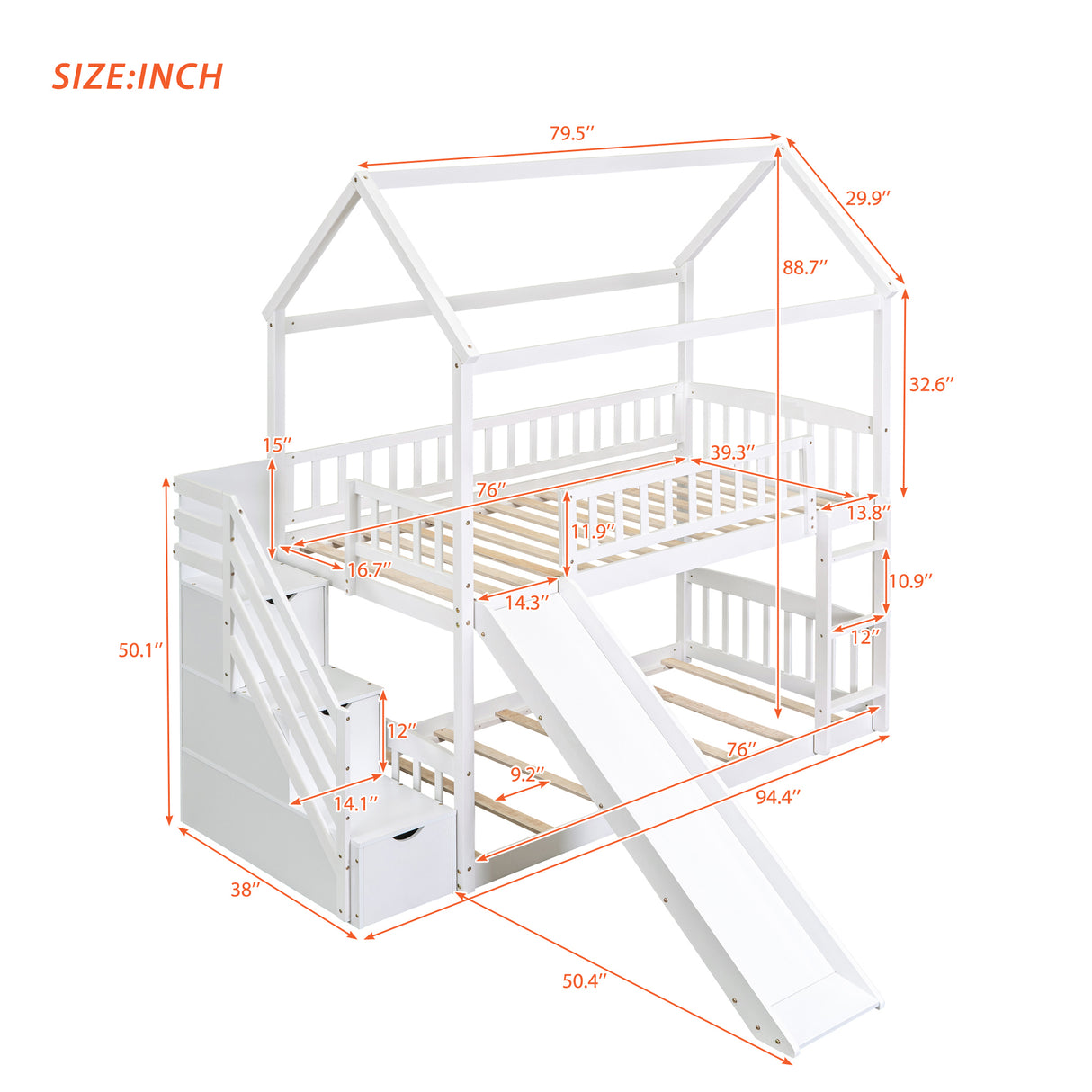 Twin Over Twin Bunk Bed with Drawers and Slide, House Bed with Slide,White(OLD SKU :LT000215AAK) - Home Elegance USA