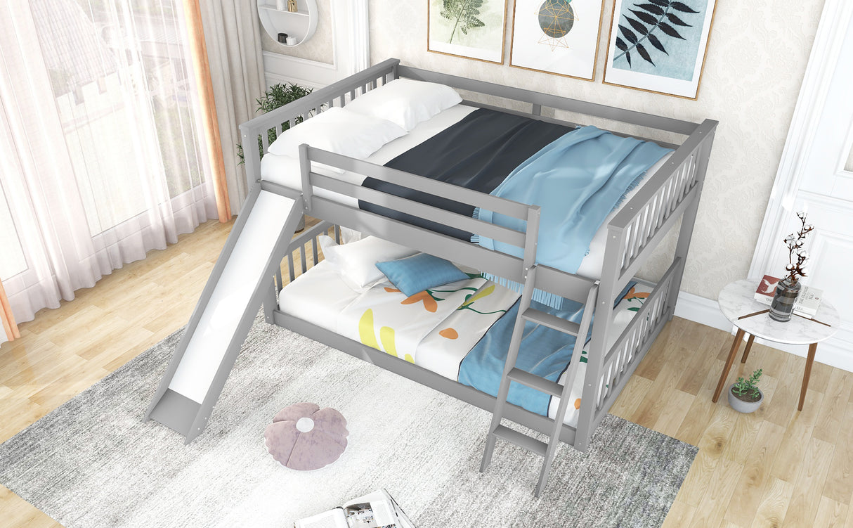 Full over Full Bunk Bed with Convertible Slide and Ladder, Gray - Home Elegance USA