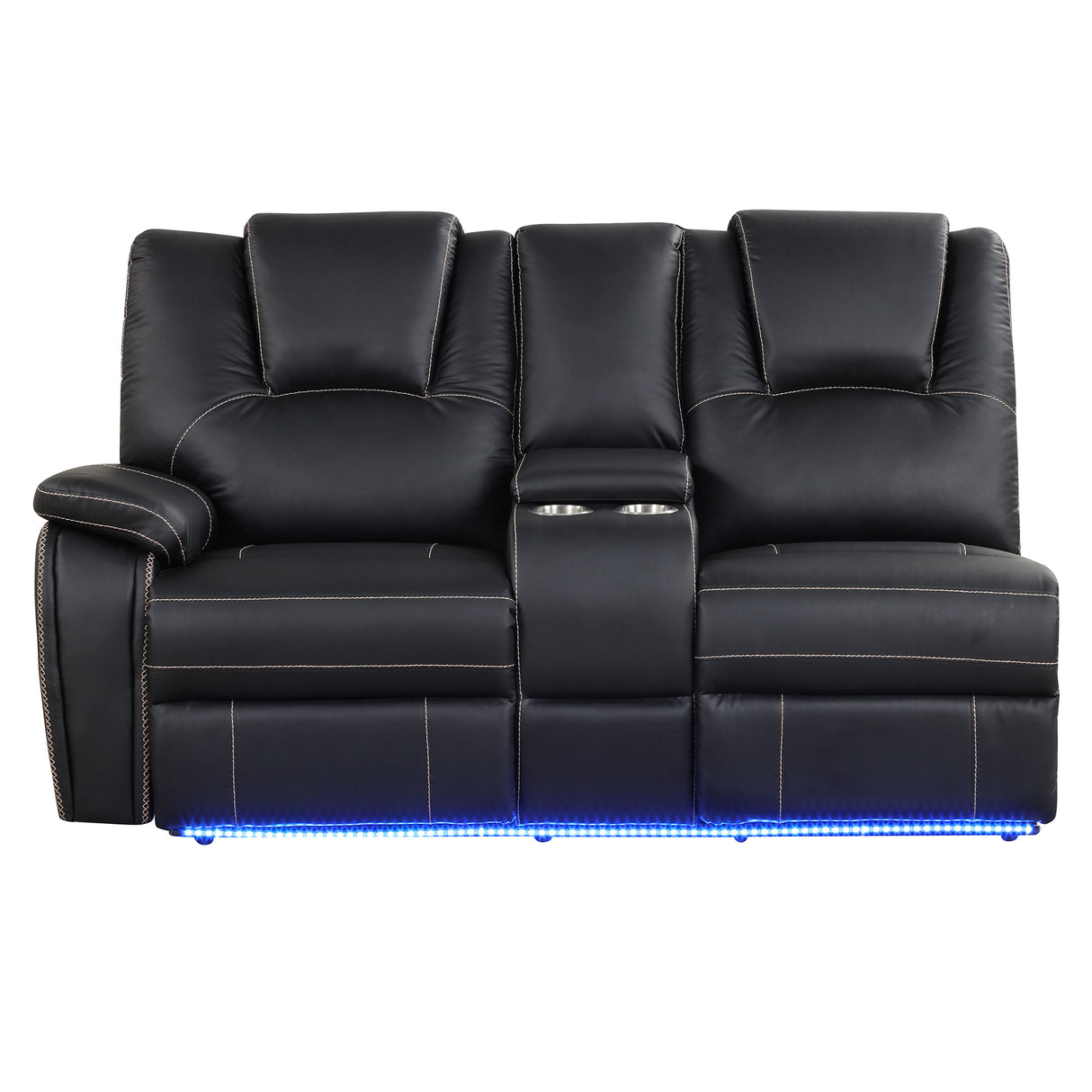 Modern Faux Leather Manual Reclining with Center Console with LED Light Strip,Living Room Furniture Set,PU Symmetrical Couch with 2 Cup Holders and Storage for Living room,Black - Home Elegance USA