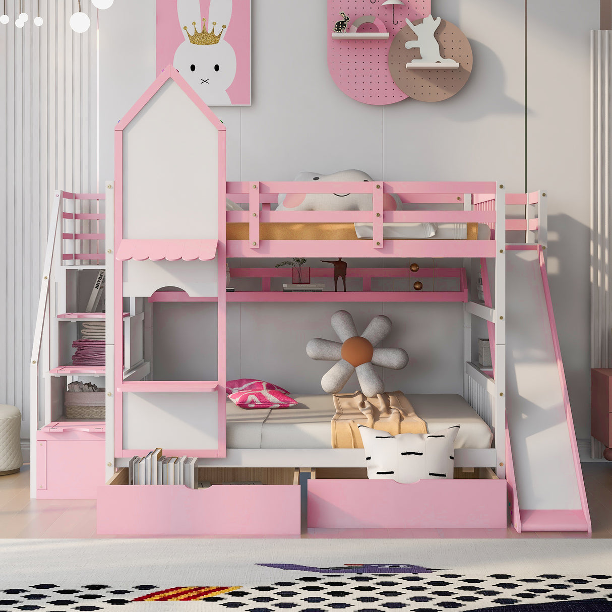 Full-Over-Full Castle Style Bunk Bed with 2 Drawers 3 Shelves and Slide - Pink