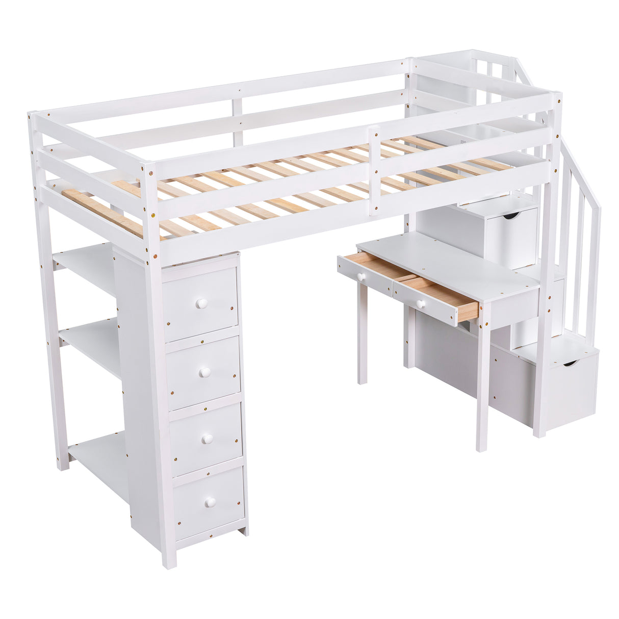 Twin size Loft Bed with Storage Drawers ,Desk and Stairs, Wooden Loft Bed with Shelves - White - Home Elegance USA