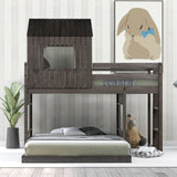 Wooden Twin Over Full Bunk Bed, Loft Bed with Playhouse, Farmhouse, Ladder and Guardrails , Antique Gray( old sku: LT000027AAE ) - Home Elegance USA