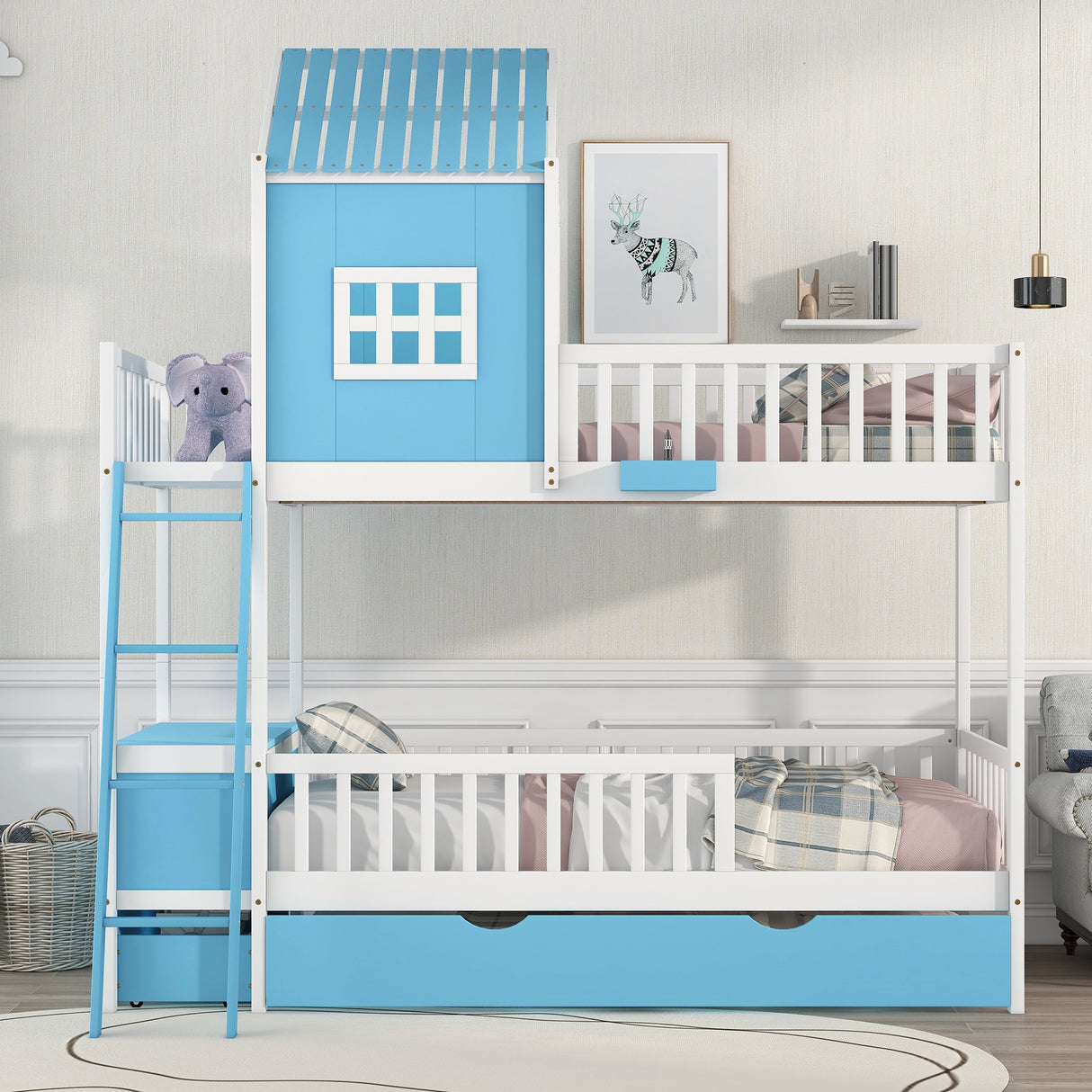 Twin over Twin Bunk Bed with Twin Size Trundle , Farmhouse Bed with Storage Box and Drawer - Blue - Home Elegance USA