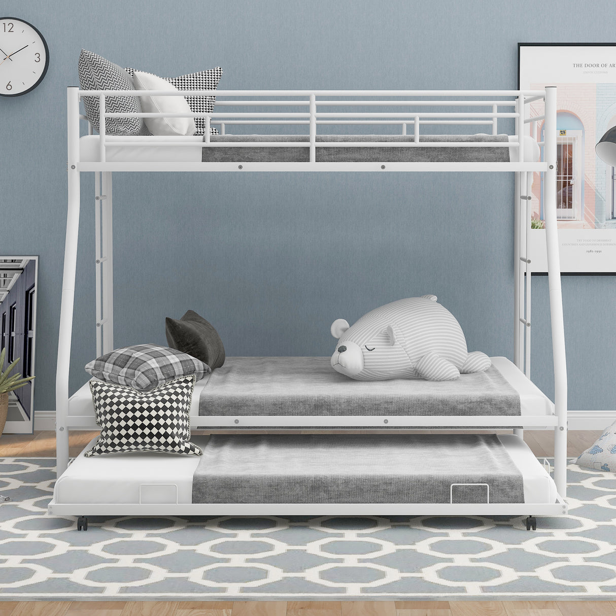 Twin over Full Bed with Sturdy Steel Frame, Bunk Bed with Twin Size Trundle, Two-Side Ladders, White(OLD SKU:MF194424AAK) - Home Elegance USA