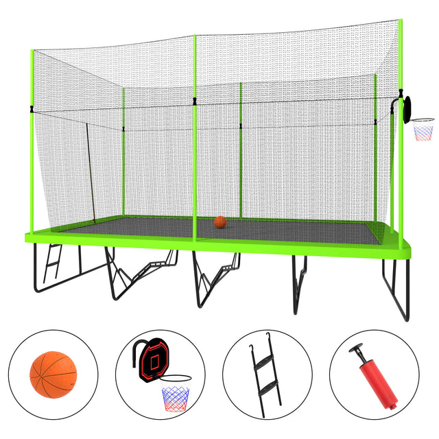 10ft by 17ft Rectangule Trampoline with Green Fabric Black Powder - coated Galvanized Steel Tubes with Basketball Hoop System Advanced Ladder - W550S00018 - image - 1