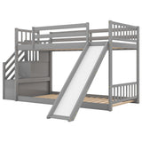 Twin over Twin Bunk Bed with Convertible Slide and Stairway, Gray - Home Elegance USA