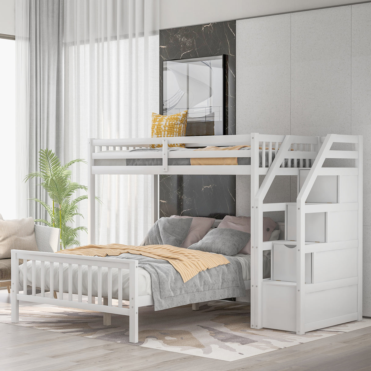 Twin over Full Loft Bed with Staircase,White(OLD SKU:SM000107AAK) - Home Elegance USA