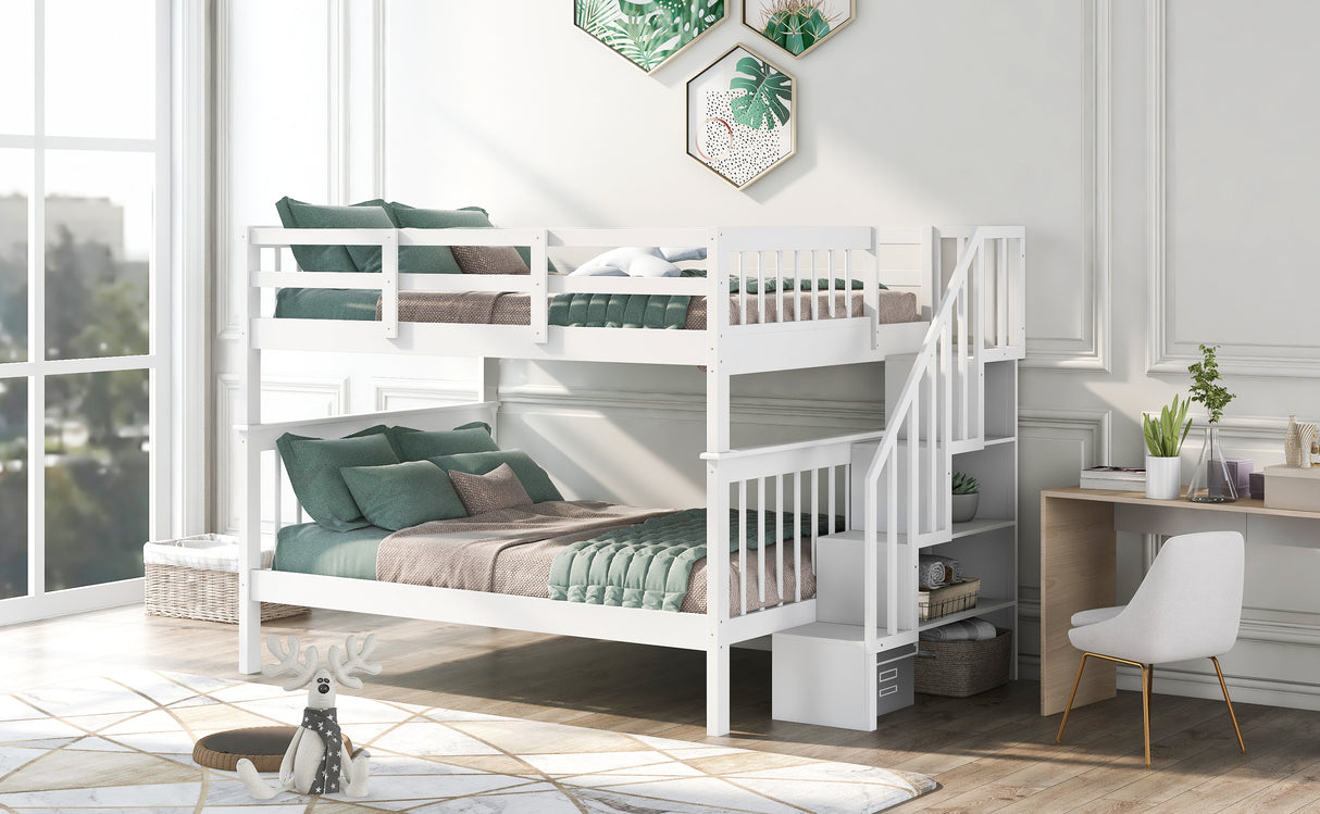 Stairway Full-Over-Full Bunk Bed with Storage and Guard Rail for Bedroom, Dorm, White color(OLD SKU :LP001110AAK) - Home Elegance USA