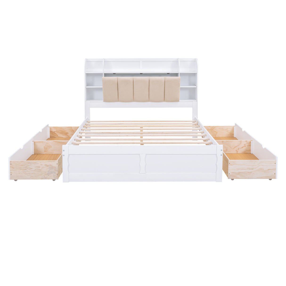 Wood Queen Size Platform Bed with Storage Headboard, Shelves and 4 Drawers, White