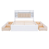 Wood Queen Size Platform Bed with Storage Headboard, Shelves and 4 Drawers, White