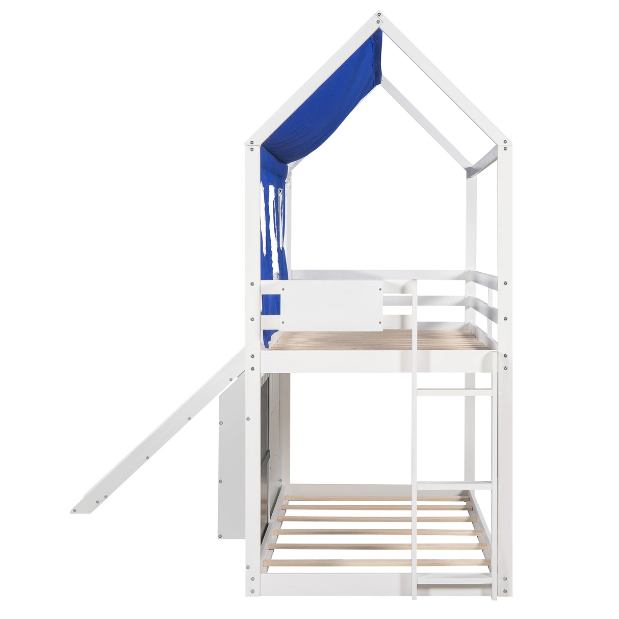 Twin over Twin House Bunk Bed with Blue Tent, Slide, Shelves and Blackboard, White - Home Elegance USA