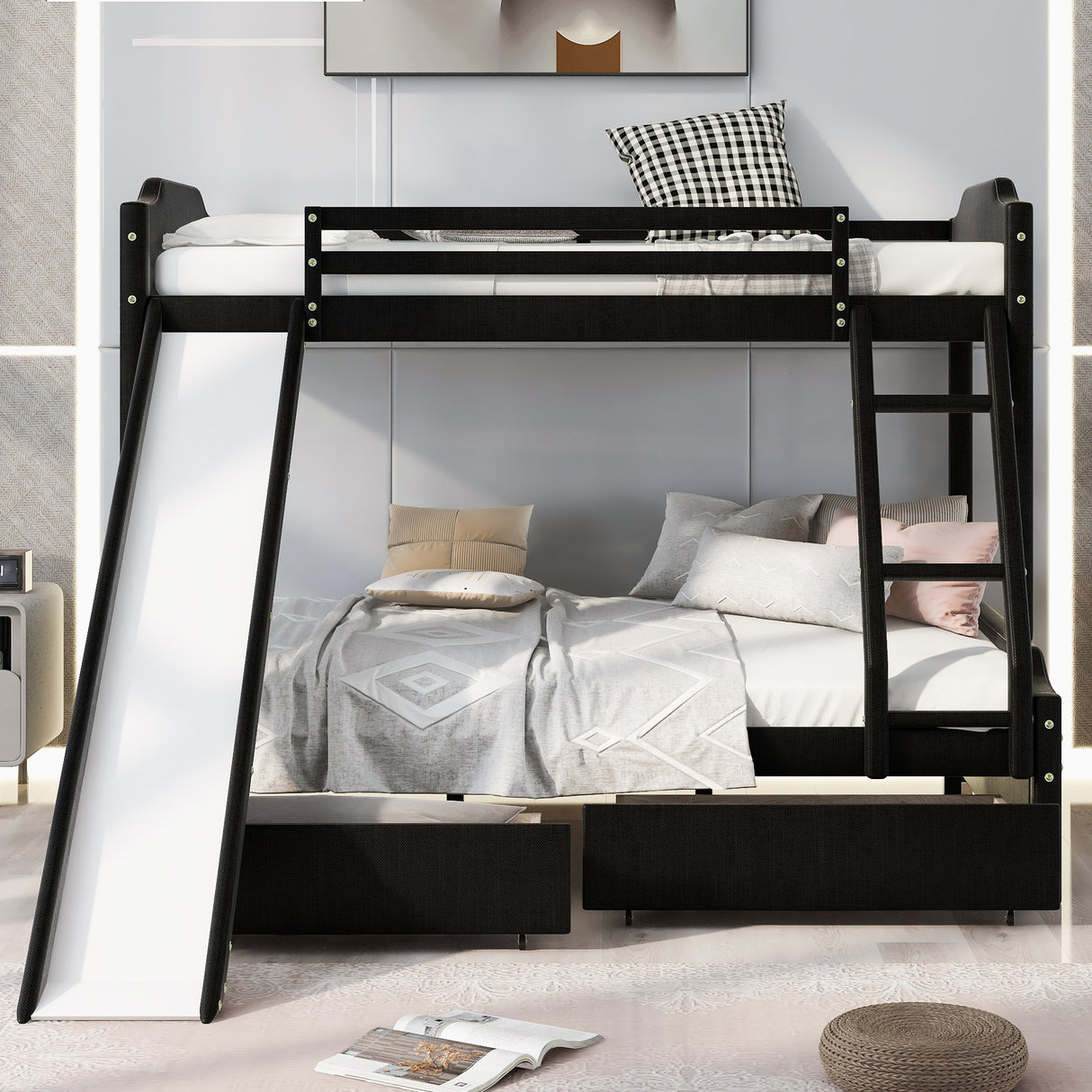 Twin over Full Size Upholstery Bunk Bed with Two Drawers and Slide,Convertible Slide and Ladder, Headboard and Footboard,Black - Home Elegance USA