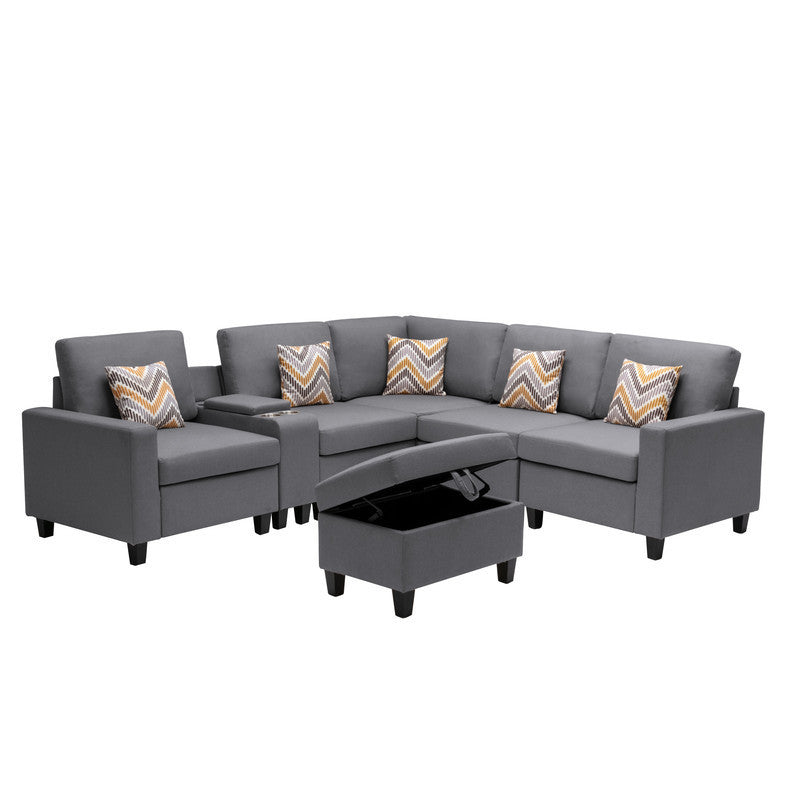 Nolan Gray Linen Fabric 7Pc Reversible Sectional Sofa with Interchangeable Legs, Pillows, Storage Ottoman, and a USB, Charging Ports, Cupholders, Storage Console Table - Home Elegance USA