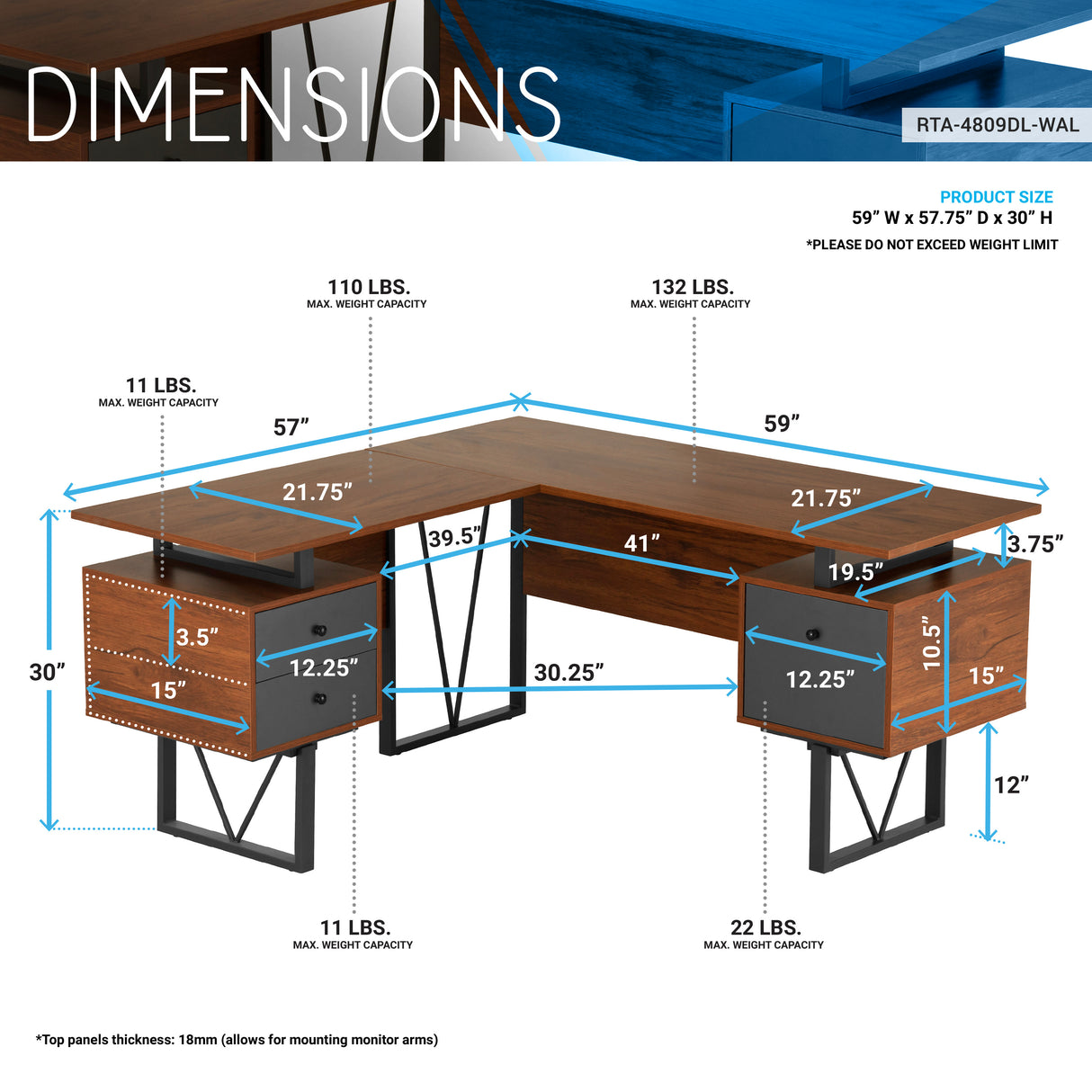 Techni Mobili Reversible L-Shape Computer Desk with Drawers and File Cabinet, Walnut - Home Elegance USA