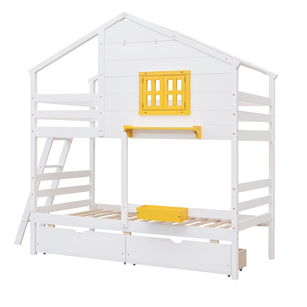 Twin over Twin Bunk Bed with 2 Drawers, 1 Storage Box, 1 Shelf, Window and Roof-White(OLD SKU:LT000608AAK) - Home Elegance USA