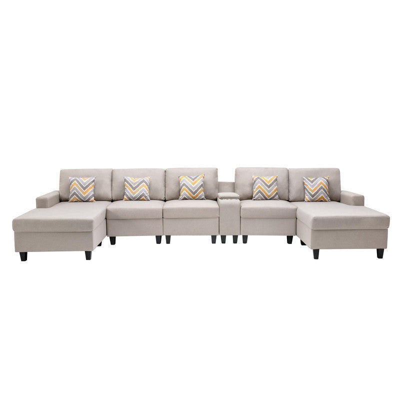 Nolan Beige Linen Fabric 6Pc Double Chaise Sectional Sofa with Interchangeable Legs, a USB, Charging Ports, Cupholders, Storage Console Table and Pillows - Home Elegance USA