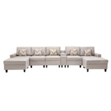 Nolan Beige Linen Fabric 6Pc Double Chaise Sectional Sofa with Interchangeable Legs, a USB, Charging Ports, Cupholders, Storage Console Table and Pillows - Home Elegance USA