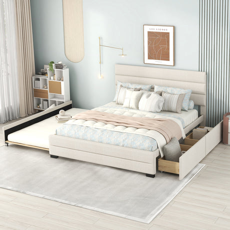 Queen Upholstered Platform Bed with Twin Size Trundle and Two Drawers, Beige - Home Elegance USA