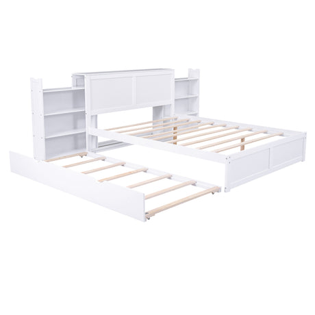 Queen Size Storage Platform Bed with Pull Out Shelves and Twin  XL Size Trundle, White - Home Elegance USA