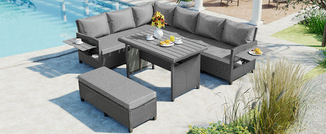 TOMAX 5-Piece Outdoor Patio Rattan Sofa Set, Sectional PE Wicker L-Shaped Garden Furniture Set with 2 Extendable Side Tables, Dining Table and Washable Covers for Backyard, Poolside, Indoor, Gray - Home Elegance USA