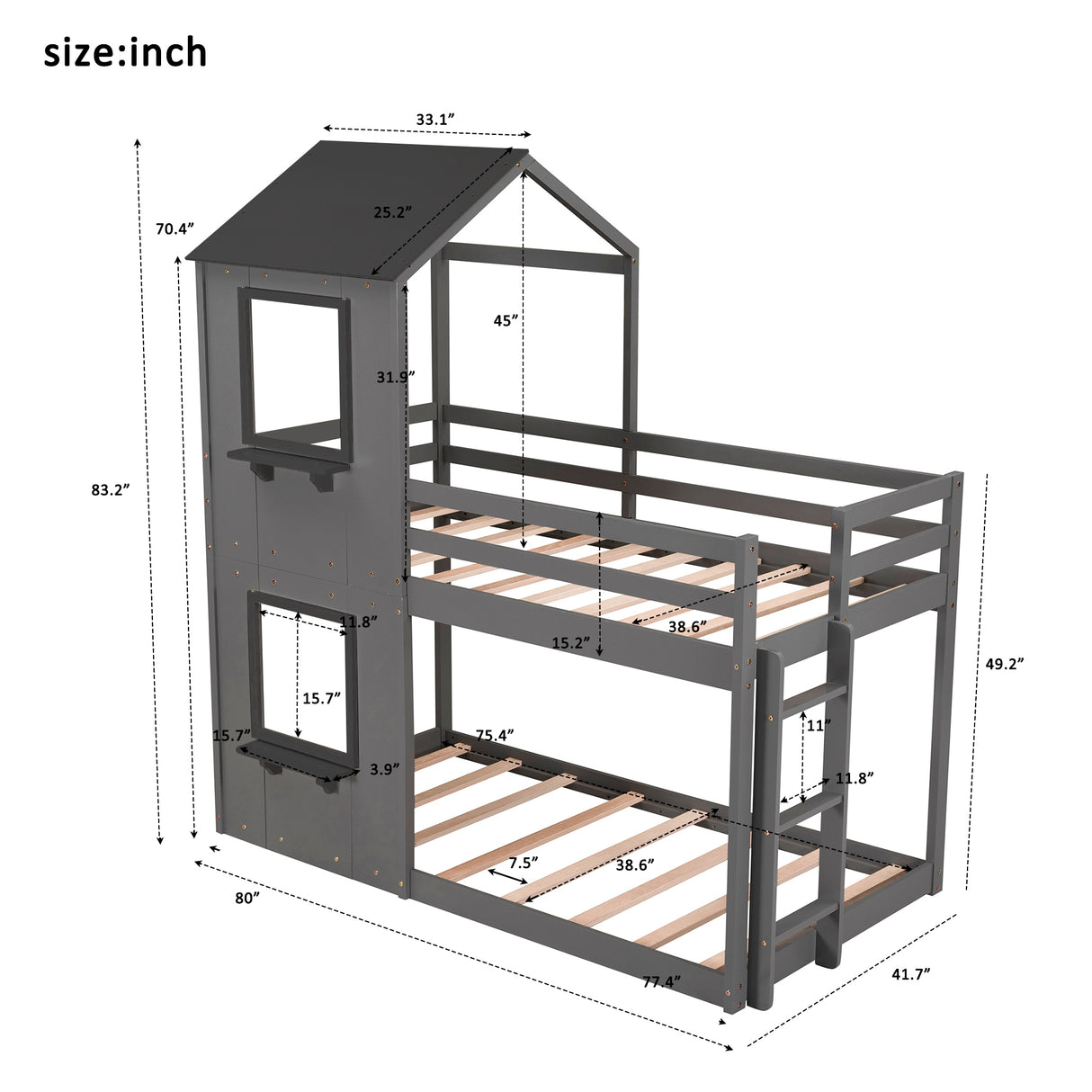 Twin Over Twin Bunk Bed Wood Bed with Roof, Window, Guardrail, Ladder (Gray) - Home Elegance USA