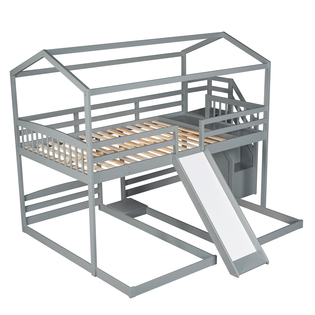 Full over Twin & Twin Bunk Bed,with Slide and Storage Staircase,Built-in Drawer and Shelf,Gray - Home Elegance USA