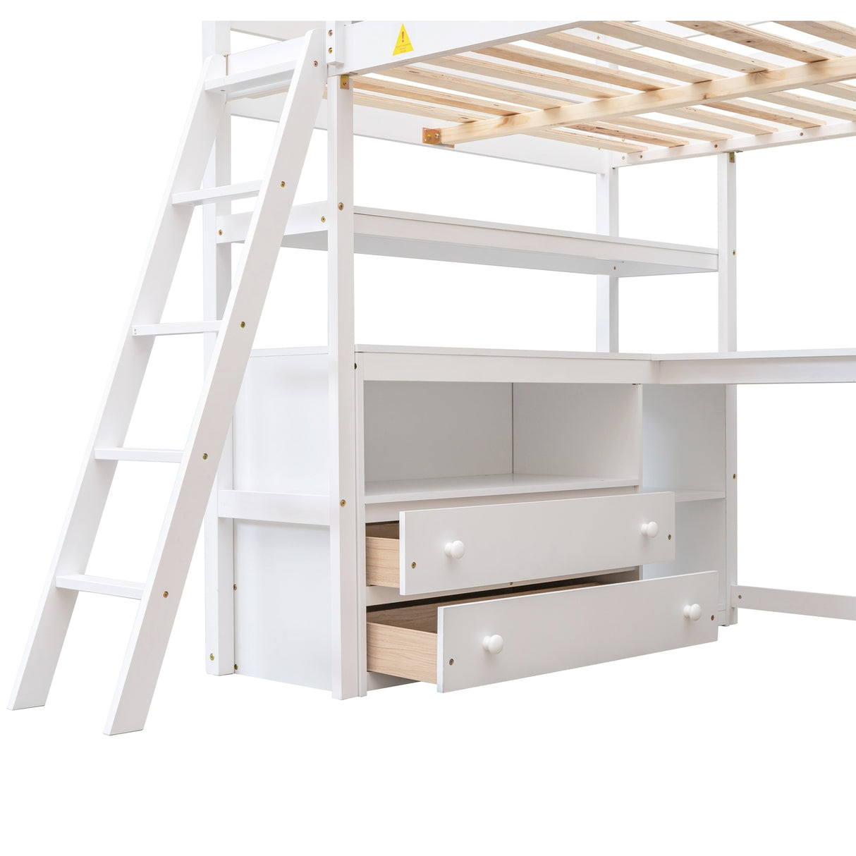 Full Size Loft Bed with Desk and Shelves,Two Built-in Drawers,White - Home Elegance USA