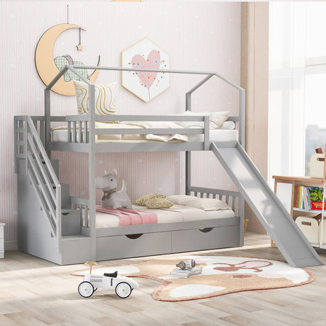 Twin over Twin House Bunk Bed with Two Drawers and Slide,Storage Staircase,Gray - Home Elegance USA