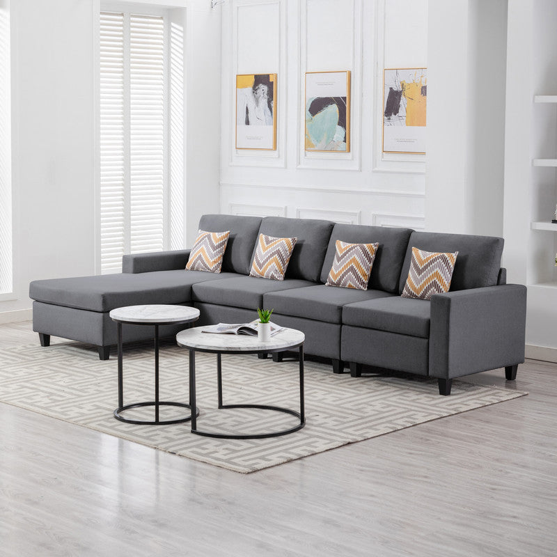 Nolan Gray Linen Fabric 4Pc Reversible Sectional Sofa Chaise with Pillows and Interchangeable Legs - Home Elegance USA