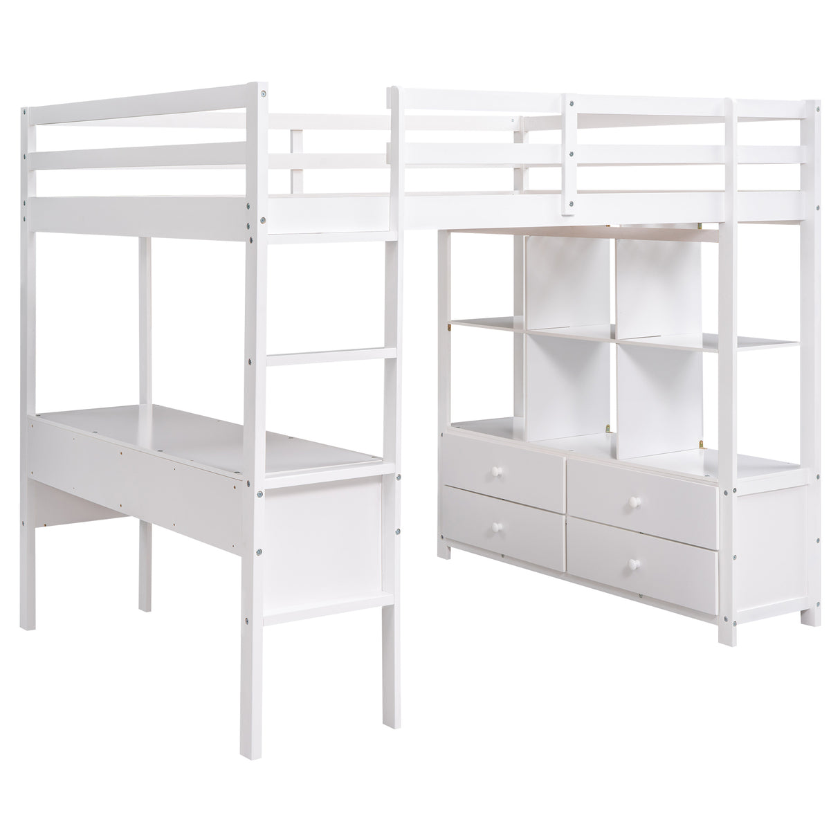 Full Size Loft Bed with Built-in Desk with Two Drawers, and Storage Shelves and Drawers,White - Home Elegance USA