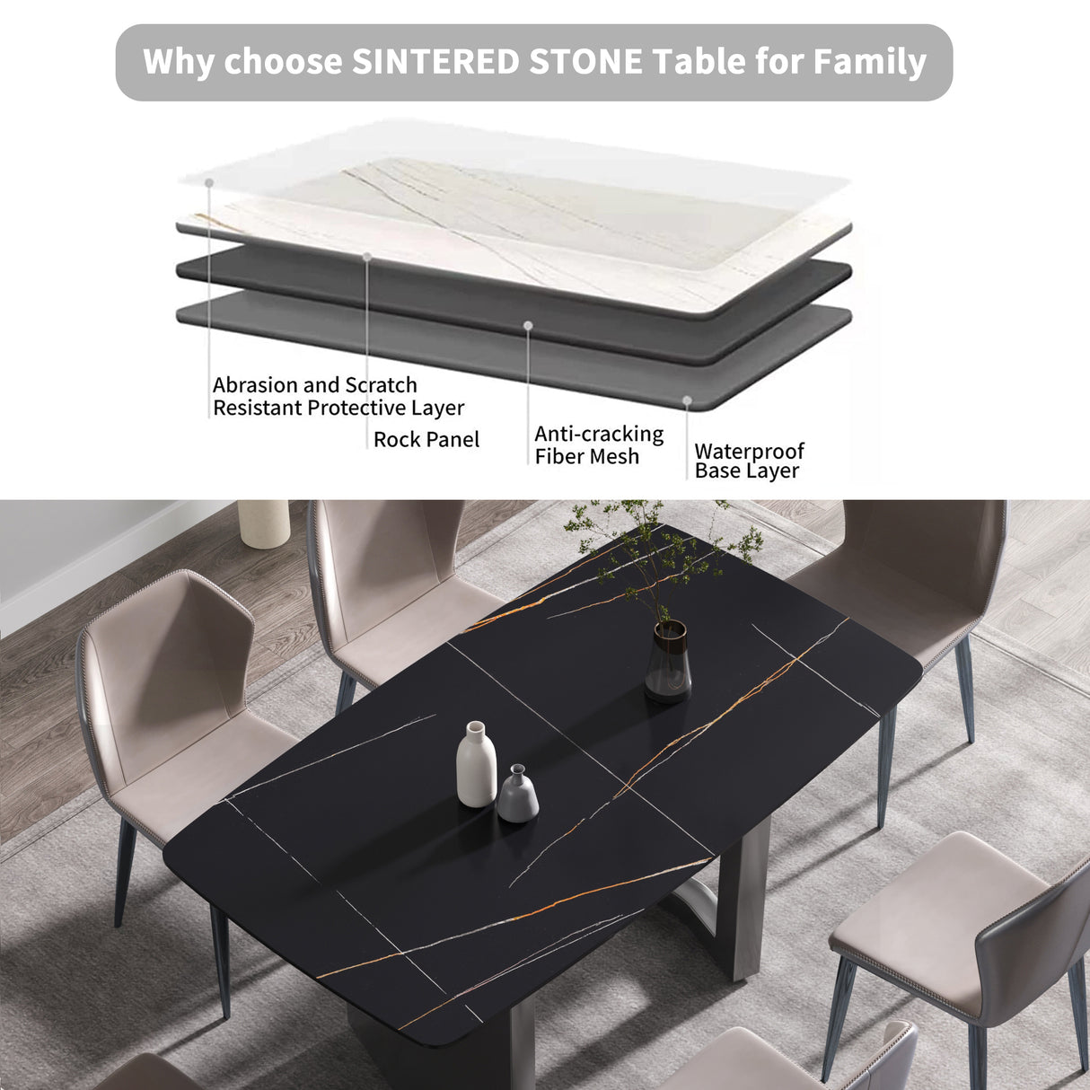 63"Modern artificial stone black curved black metal leg dining table -6 people - Home Elegance USA