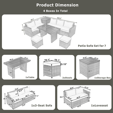 TOPMAX Outdoor 6-Piece All Weather PE Rattan Sofa Set, Garden Patio Wicker Sectional Furniture Set with Adjustable Seat, Storage Box, Removable Covers and Tempered Glass Top Table, Beige - Home Elegance USA