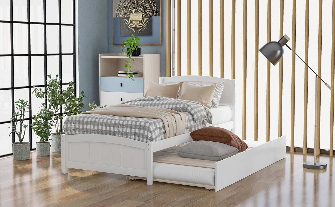 Twin size Platform Bed with Trundle, White - Home Elegance USA