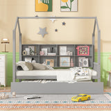 Wooden Twin Size House Bed with Trundle,Kids Bed with Shelf, Gray Home Elegance USA