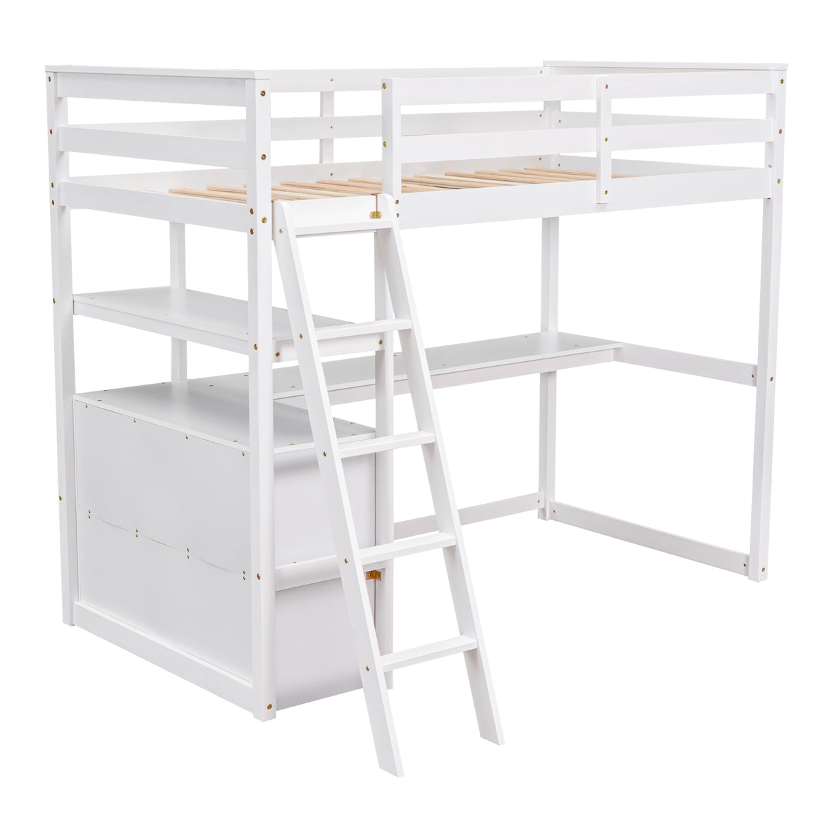 Twin Size Loft Bed with Desk and Shelves, Two Built-in Drawers, White (old SKU: GX000803AAK-1） - Home Elegance USA