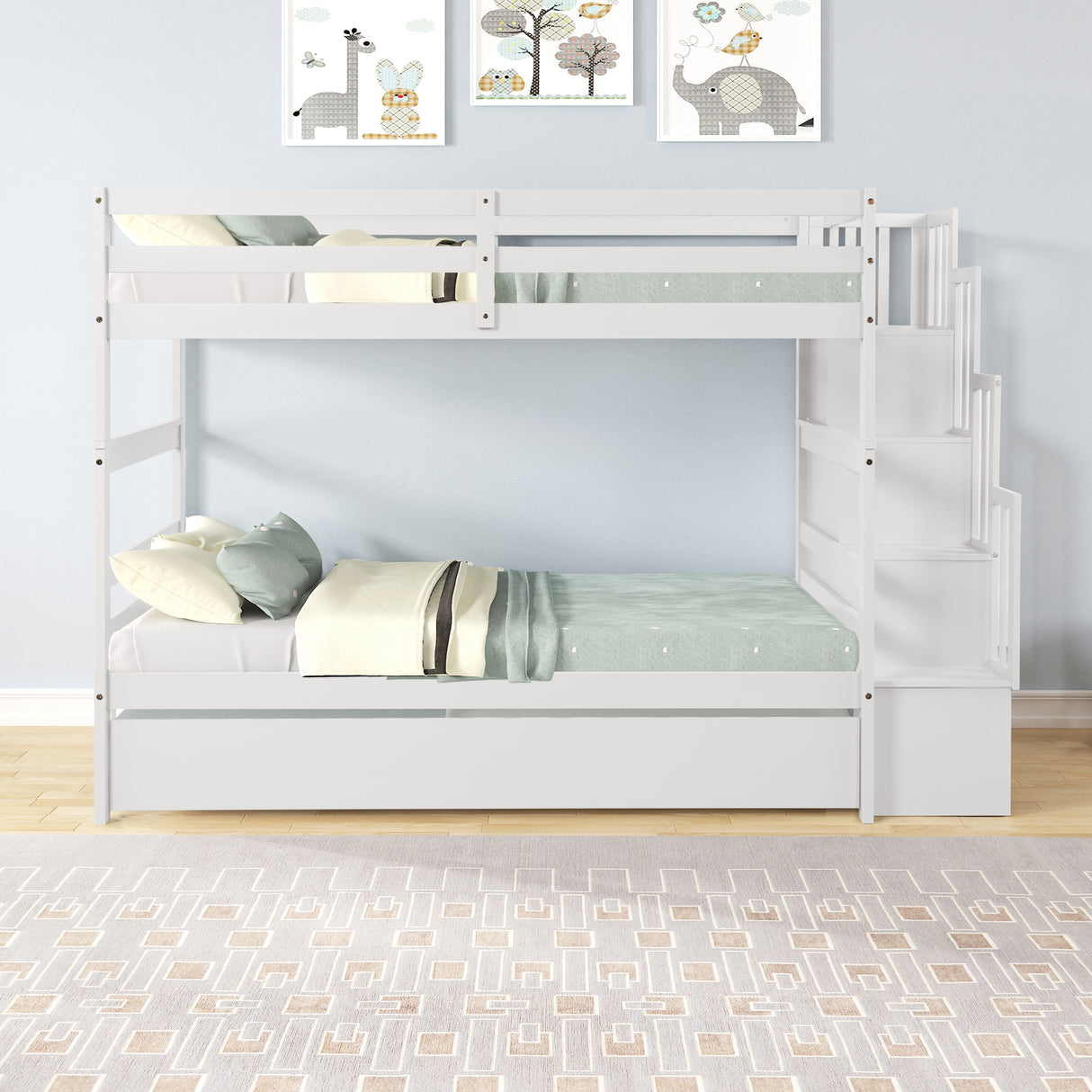 Bunk Beds Twin over Twin Stairway Storage function White color - Home Elegance USA