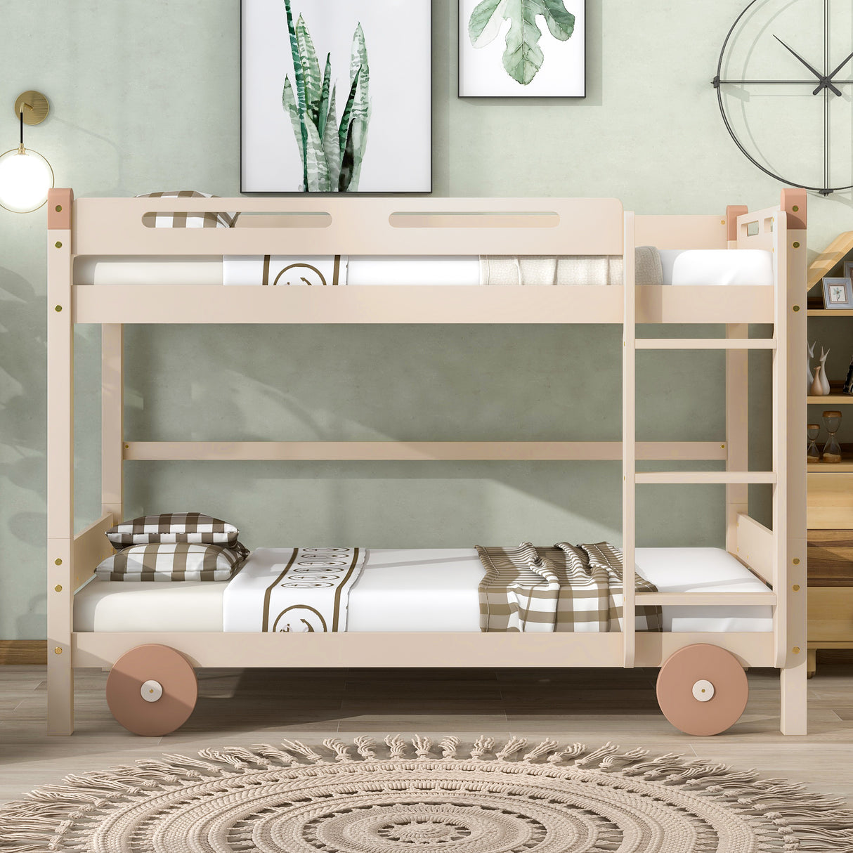 Twin Size Car-Shaped Convertible Bunk Bed, White, Natural+Brown - Home Elegance USA