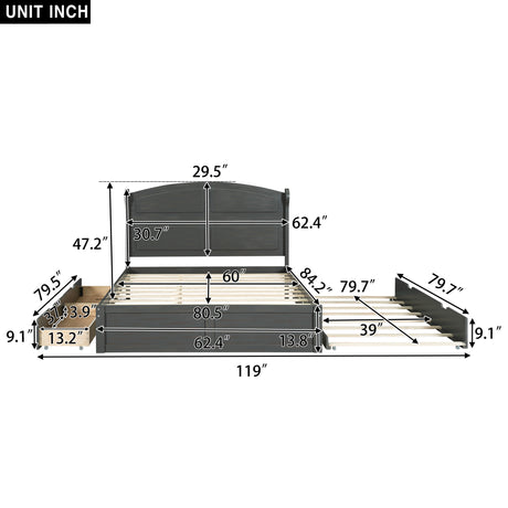 Wood Queen Size Platform Bed with Twin Size Trundle and 2 Drawers, Antique Gray(Expected Arrival Time: 9.2)