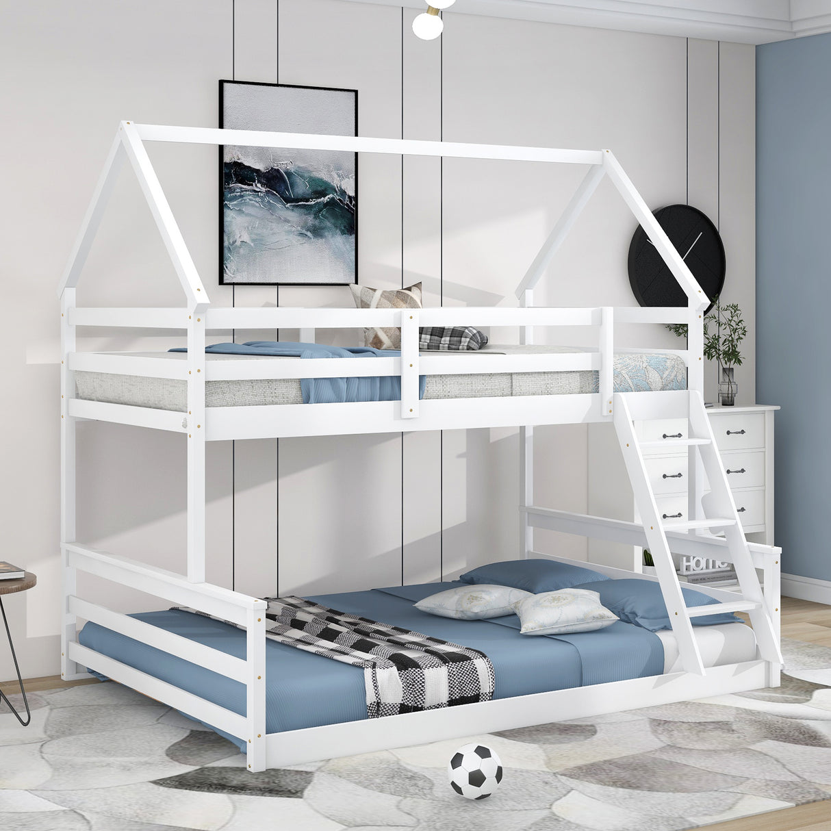 Twin over Full House Bunk Bed with Built-in Ladder,White - Home Elegance USA