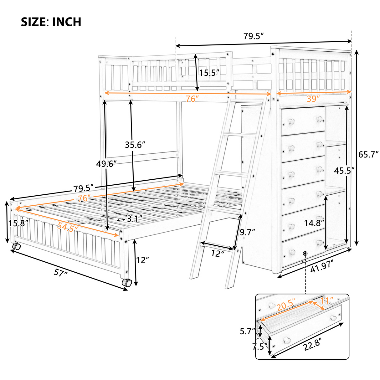 Wooden Twin Over Full Bunk Bed With Six Drawers And Flexible Shelves,Bottom Bed With Wheels,Gray(OLD SKU:LP000531AAE) - Home Elegance USA